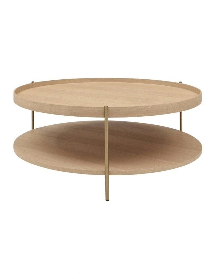 Cleo 90cm Round Coffee Table Ash With Storage Shelf Gold Legs image 2