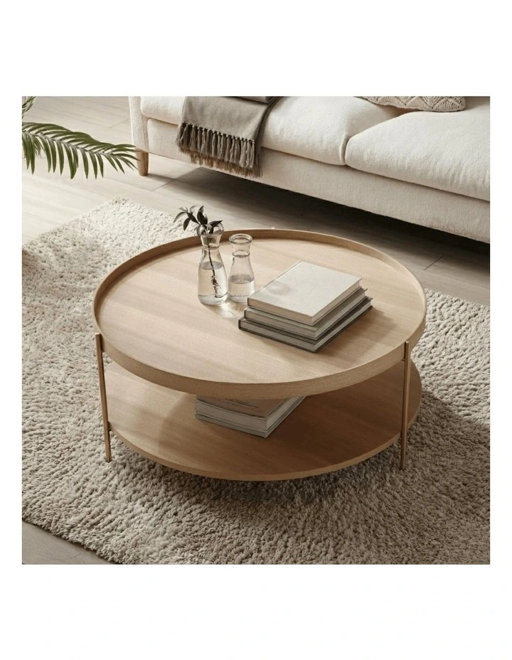 Cleo 90cm Round Coffee Table Ash With Storage Shelf Gold Legs image 3