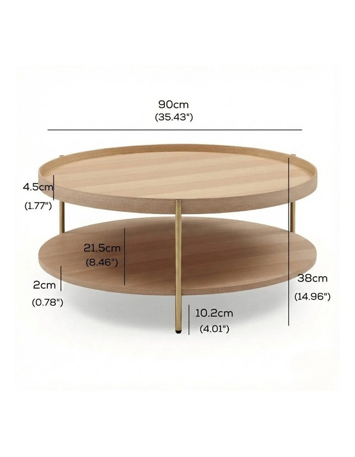 Cleo 90cm Round Coffee Table Ash With Storage Shelf Gold Legs image 6