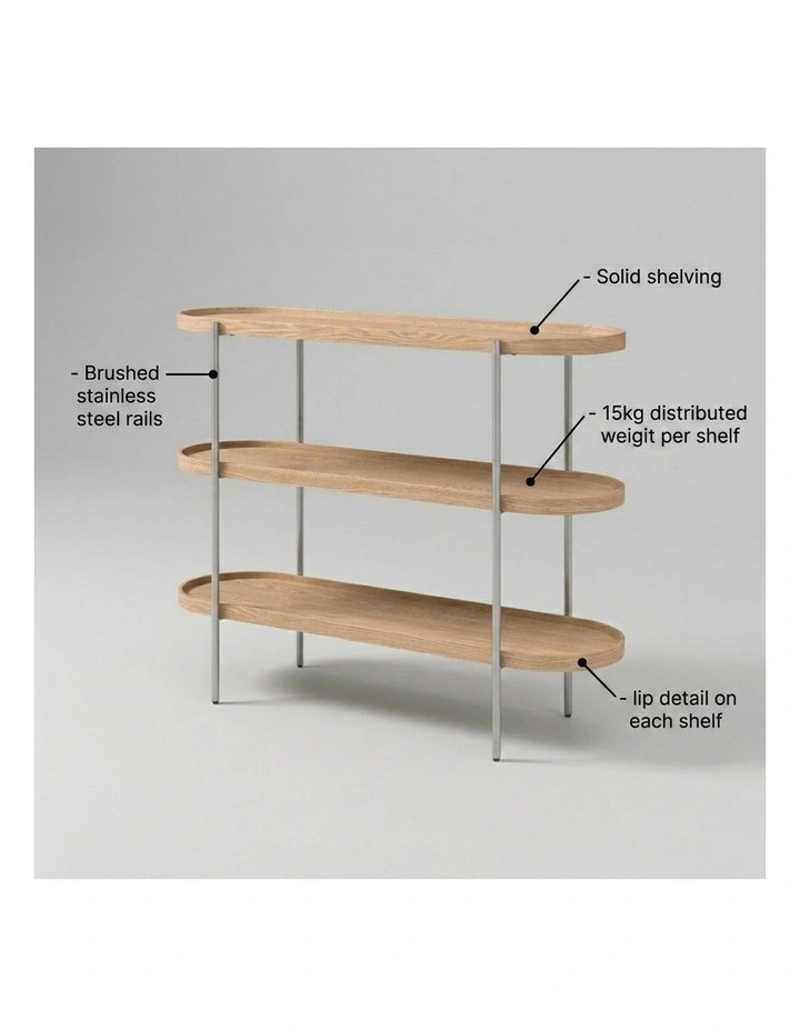 Cleo 3 Tier 90cm x 98cm Bookshelf Natural Ash & Brushed Stainless Steel image 7