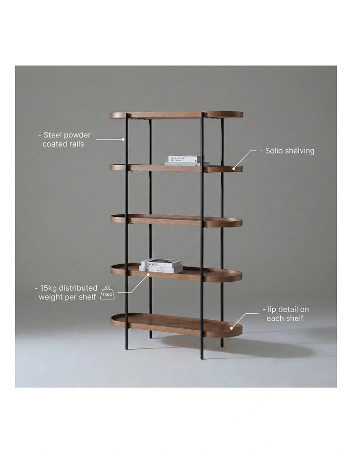 Cleo 5 Tier 165cm x 100cm Bookshelf Walnut & Black image 6