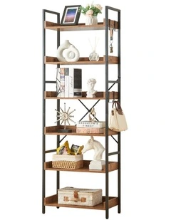 Tall Industrial Bookshelf, 6 Tier Open Display Storage Rack Shelves, Brown