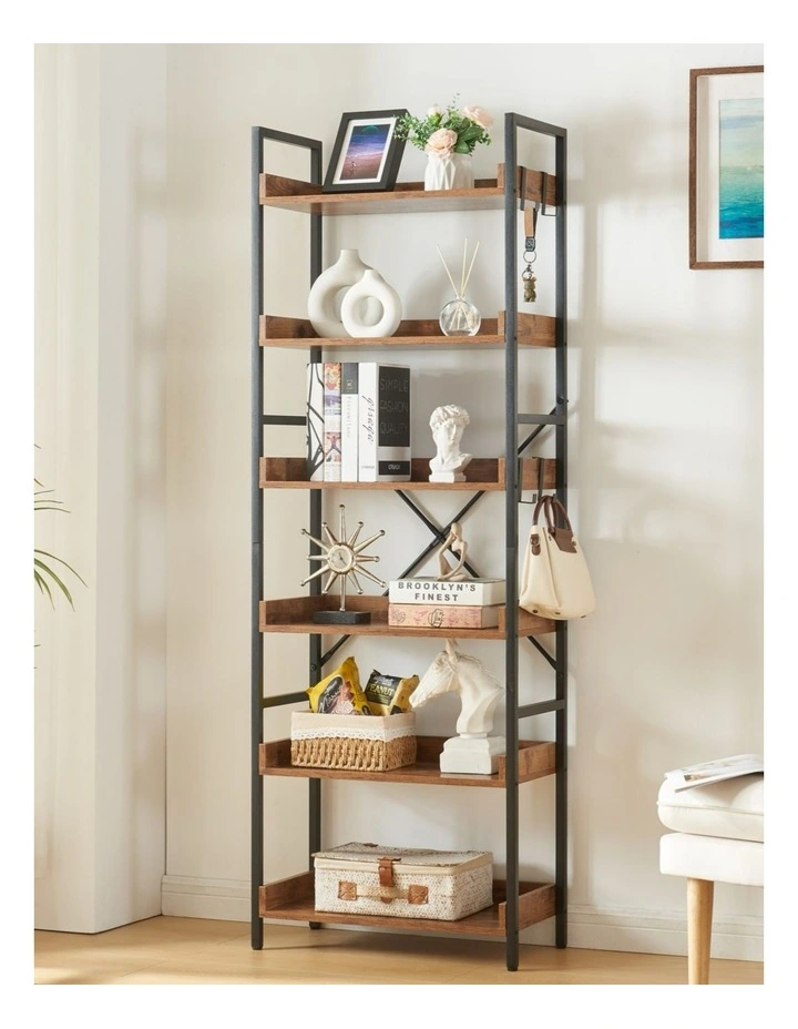 Tall Industrial Bookshelf, 6 Tier Open Display Storage Rack Shelves, Brown image 2
