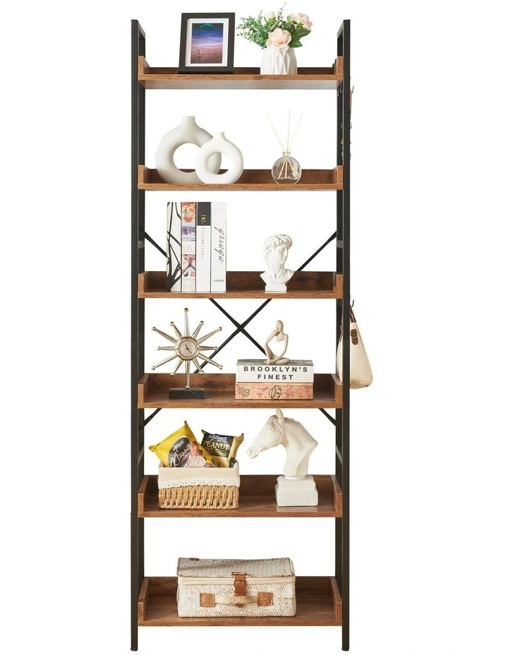 Tall Industrial Bookshelf, 6 Tier Open Display Storage Rack Shelves, Brown image 6