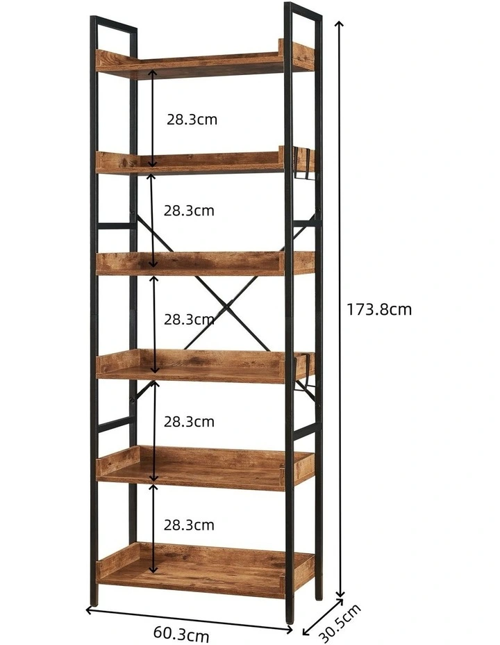 Tall Industrial Bookshelf, 6 Tier Open Display Storage Rack Shelves, Brown image 7