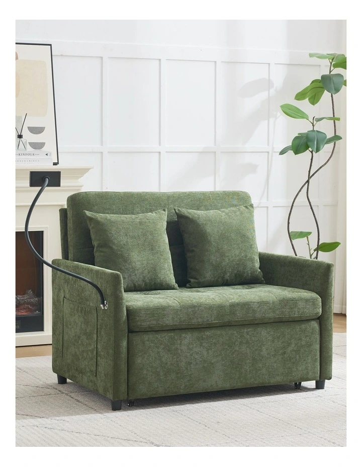 Chenille Sleeper Loveseat with Phone Holder, 3 in 1 Convertible Sofa Bed with Side Pockets image 2