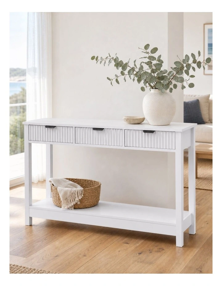 Fluted Console Table with 3 Wooden Drawers, Modern 120cm Entryway Table with Storage Shelf image 3