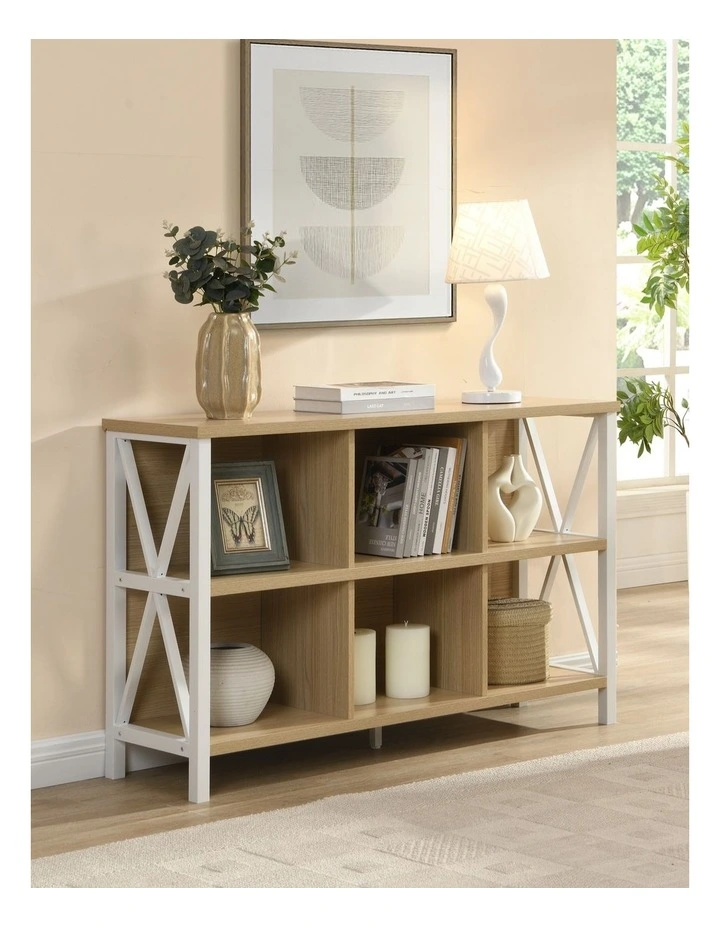 6 Cube Storage Organizer with Shelf, Long Wood and Metal Cubby Bookcase and Consle Table image 3