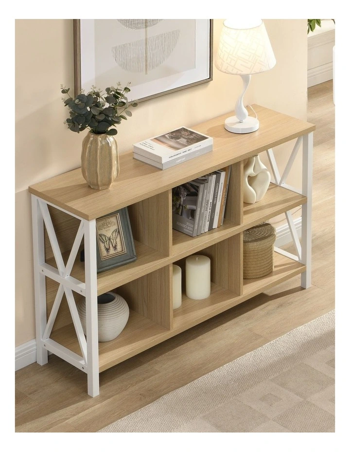 6 Cube Storage Organizer with Shelf, Long Wood and Metal Cubby Bookcase and Consle Table image 4