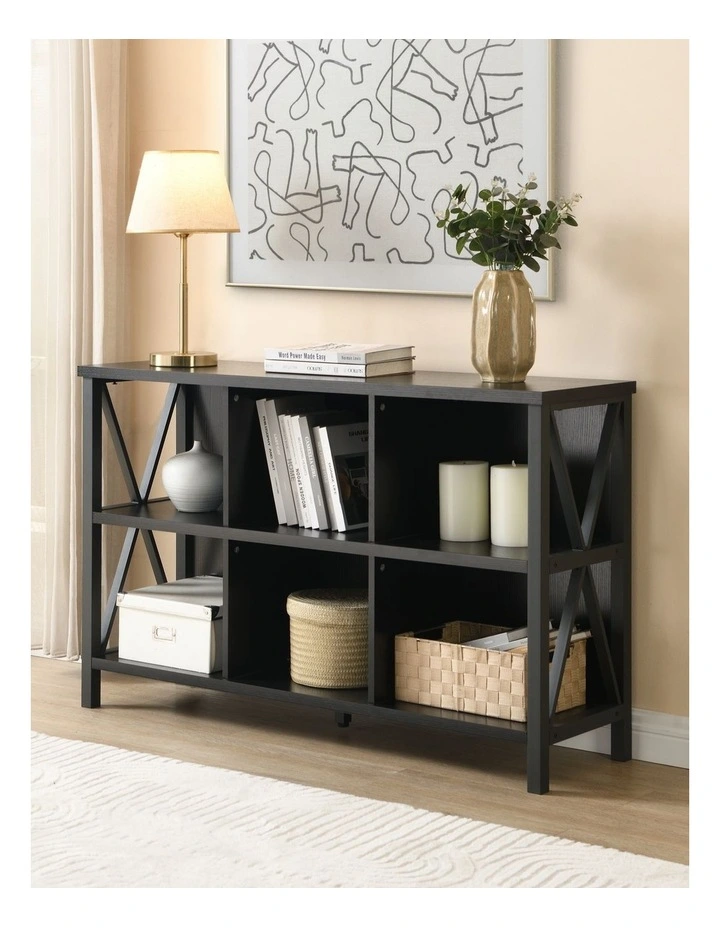 6 Cube Storage Organizer with Shelf, Long Wood and Metal Cubby Bookcase and Consle Table image 3