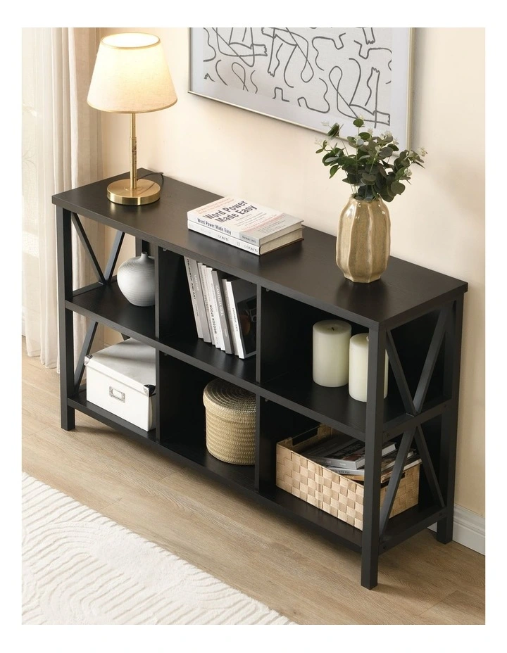 6 Cube Storage Organizer with Shelf, Long Wood and Metal Cubby Bookcase and Consle Table image 4