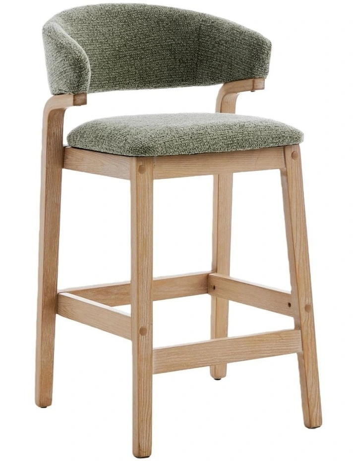 Counter Height Wooden Bar Stools Set of 2, Fabric Upholstered Kitchen Island Stools, Green image 1