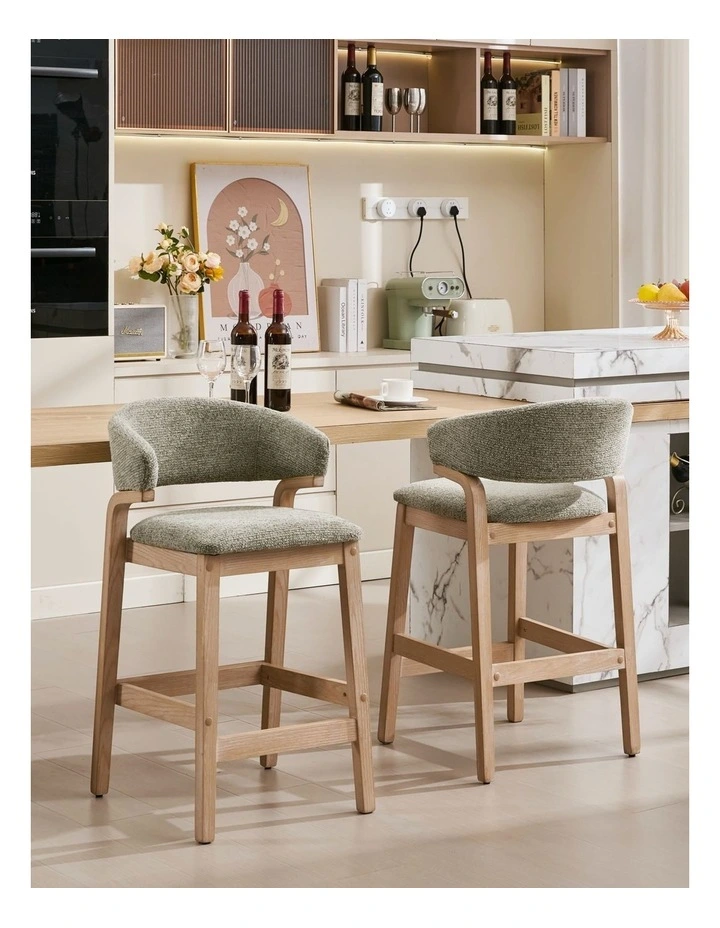 Counter Height Wooden Bar Stools Set of 2, Fabric Upholstered Kitchen Island Stools, Green image 2