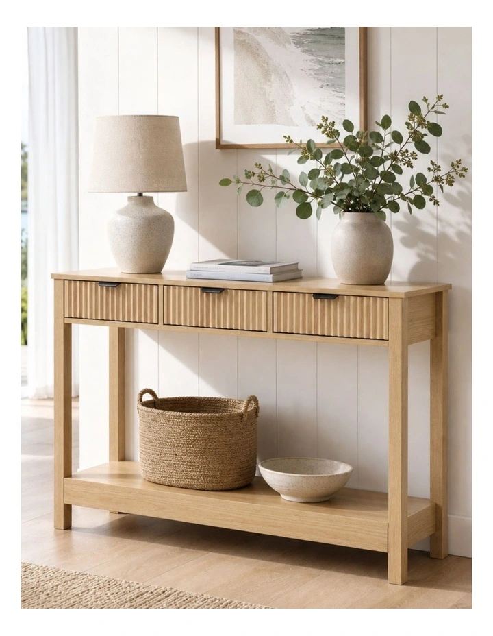 Fluted Console Table with 3 Wooden Drawers, Modern 120cm Entryway Table with Storage Shelf image 3