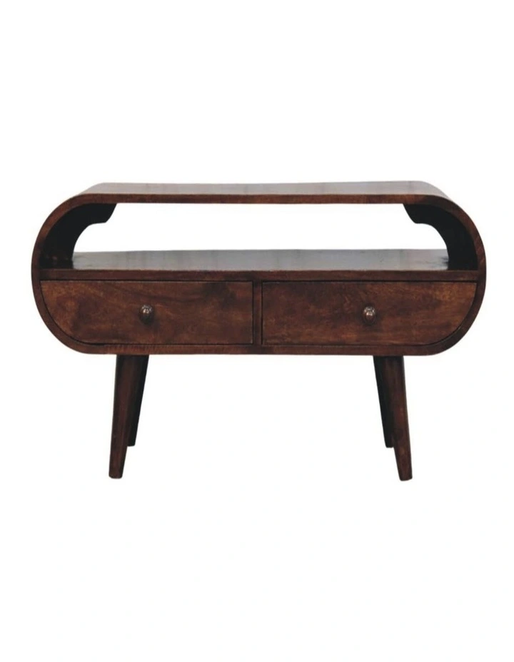 Artisan Furniture Solid Wood Walnut Curved Two Drawer Media Unit, 1 Open Slot. Brown image 1