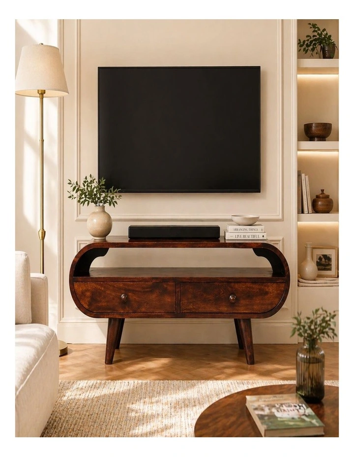 Artisan Furniture Solid Wood Walnut Curved Two Drawer Media Unit, 1 Open Slot. Brown image 2