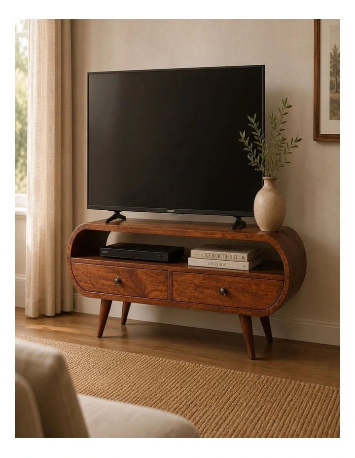 Artisan Furniture Solid Wood Chestnut Circular TV Stand, 2 Drawers & 1 Open Slot, Brown image 2