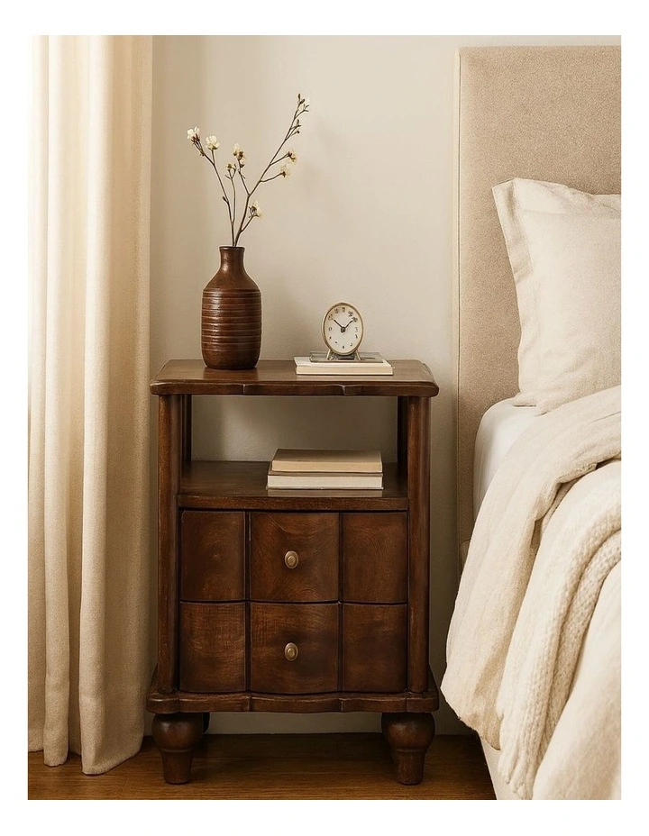 Artisan Furniture Solid Wood 2-Drawer Bedside with Open Shelf, Brown image 2