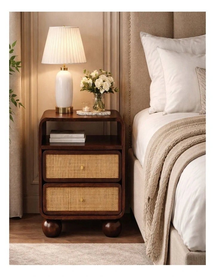 Artisan Furniture Solid wood California Walnut Rattan Bedside, 2 Drawers & 1 Open Slot, Brown image 2