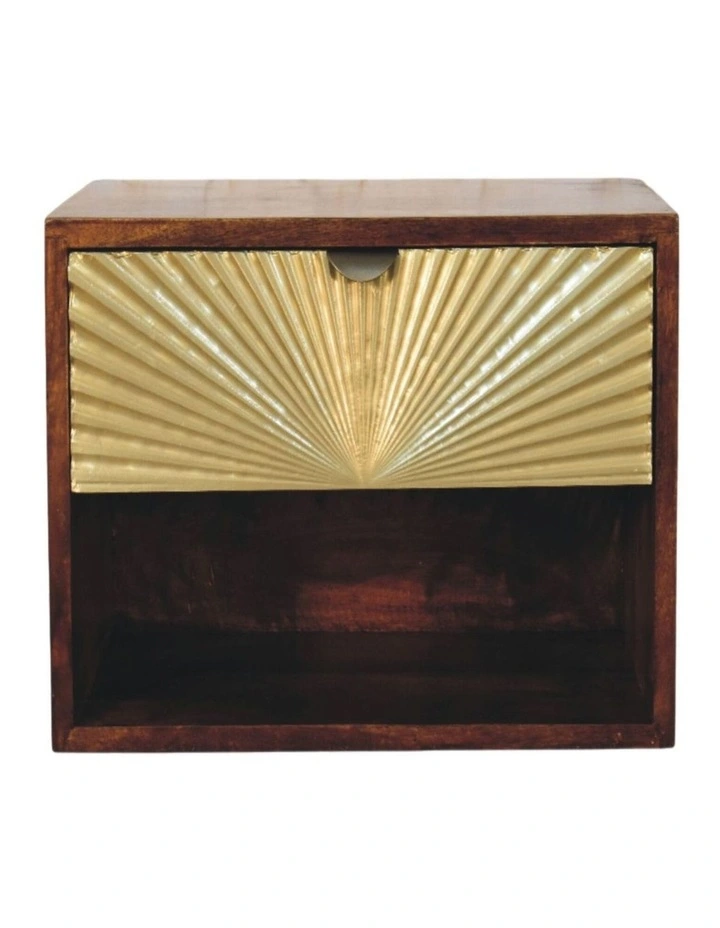 Artisan Furniture Solid Wood Sunburst Wall-Mounted Bedside 1 Drawer 1 Open Shelf Gold And Brown image 1