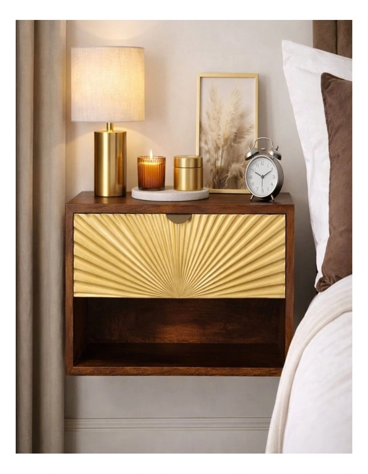 Artisan Furniture Solid Wood Sunburst Wall-Mounted Bedside 1 Drawer 1 Open Shelf Gold And Brown image 2