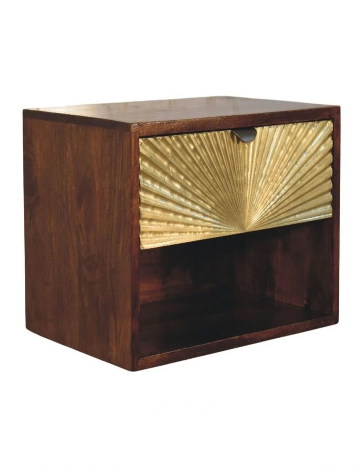 Artisan Furniture Solid Wood Sunburst Wall-Mounted Bedside 1 Drawer 1 Open Shelf Gold And Brown image 3