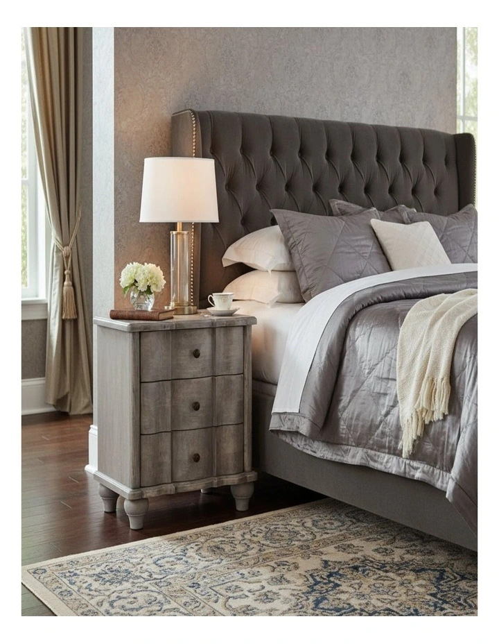Artisan Furniture Solid Wood Lume Washed Bedside Table,  3 Drawers,  Grey image 2
