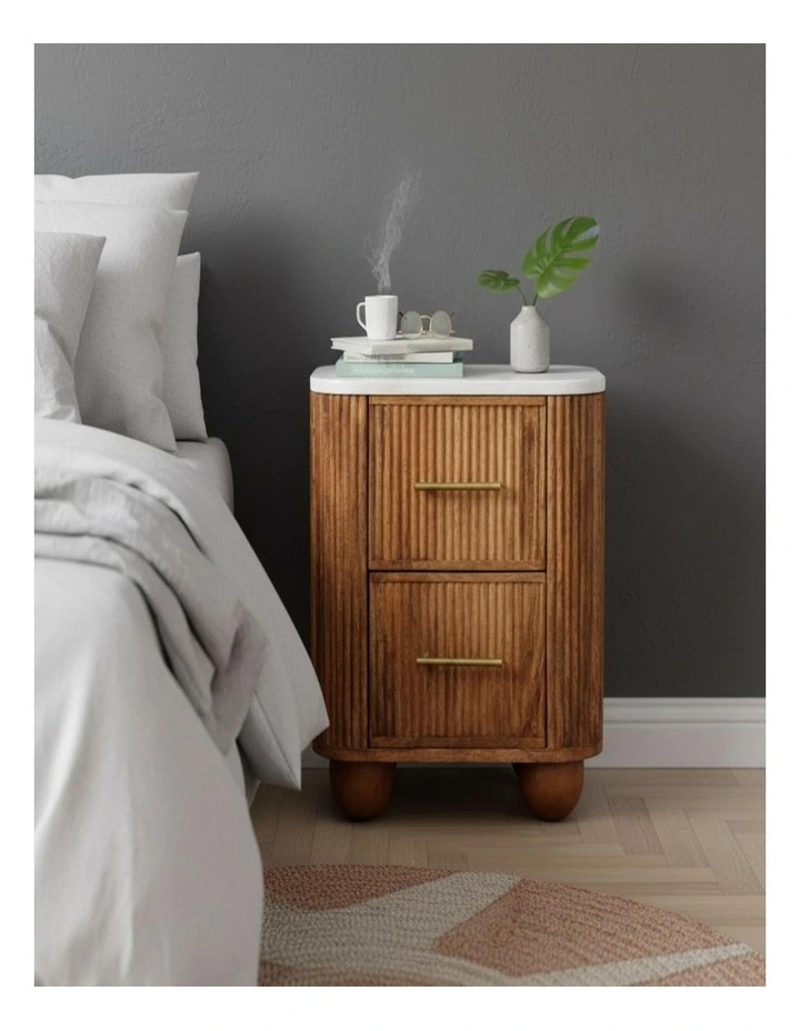 Artisan Furniture Solid Wood Aurora Marble Bedside, 2 Drawers, Brown & White image 2