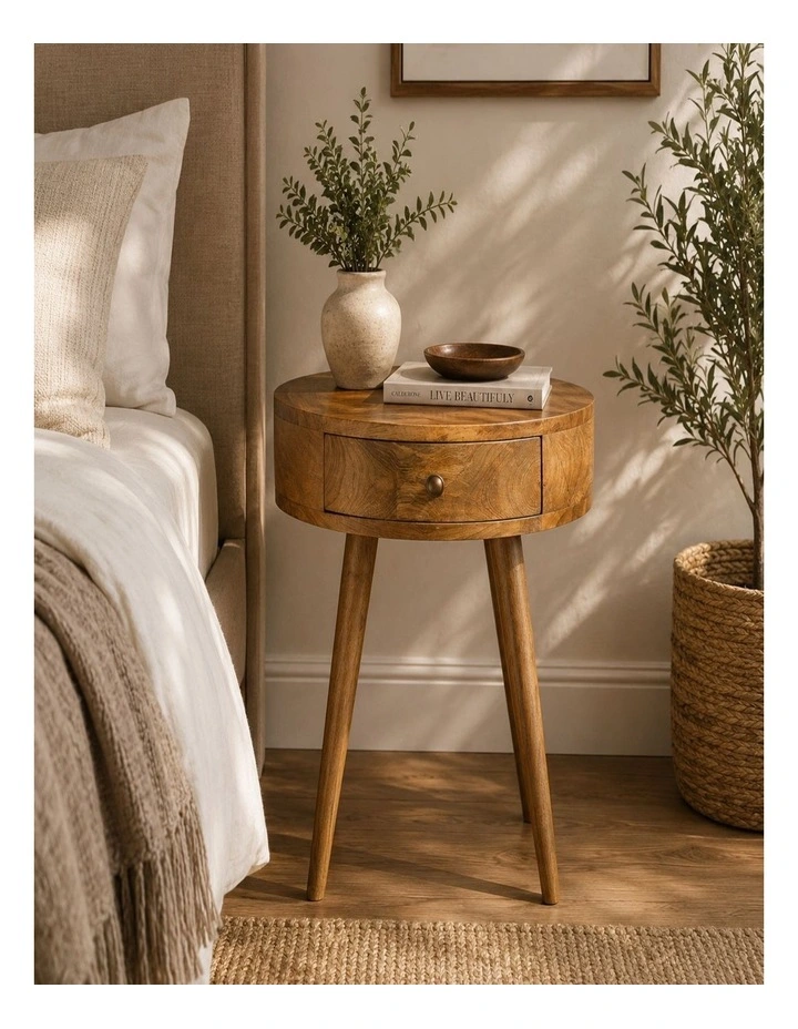 Artisan Furniture Solid Wood Nordic Circular Shaped Bedside, Beige, 1 Drawer image 2