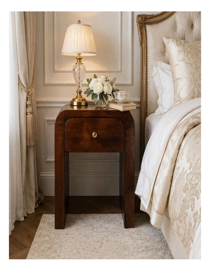 Artisan Furniture Solid Wood Curved Bedside Table, 1 Drawer, Brown image 2