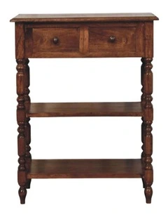 Artisan Furniture Solid Wood Turned Leg Side Table with Shelves, 2 Drawers & 2 Open Slots, Brown