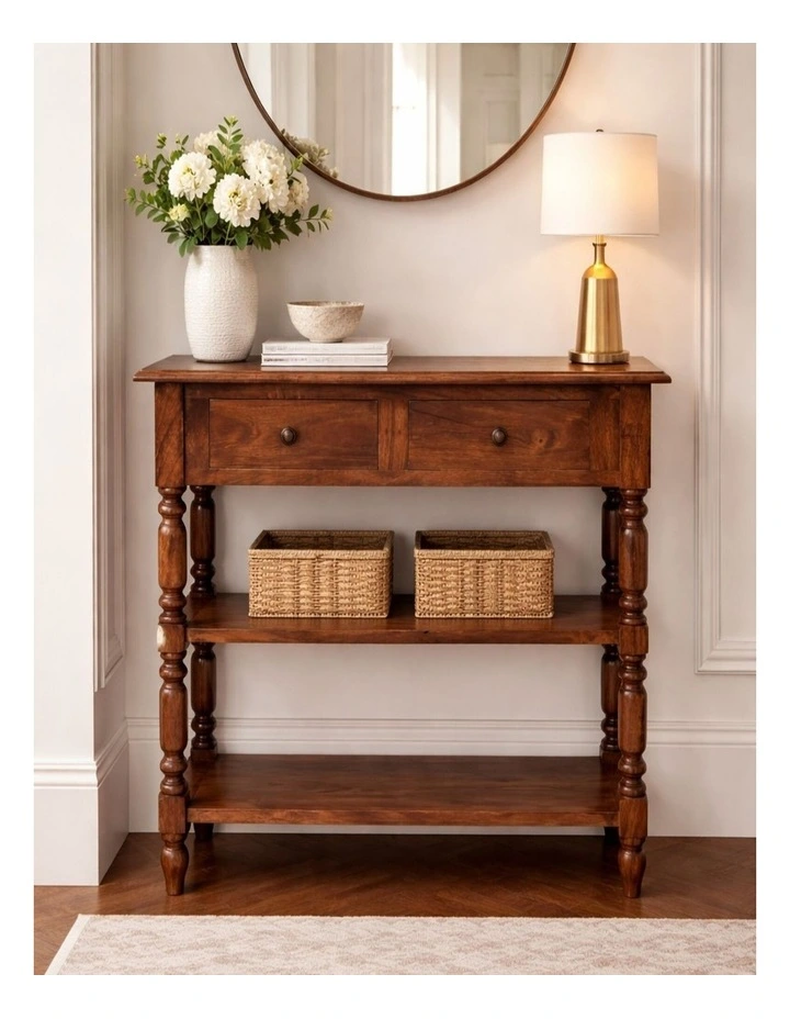 Artisan Furniture Solid Wood Turned Leg Side Table with Shelves, 2 Drawers & 2 Open Slots, Brown image 2