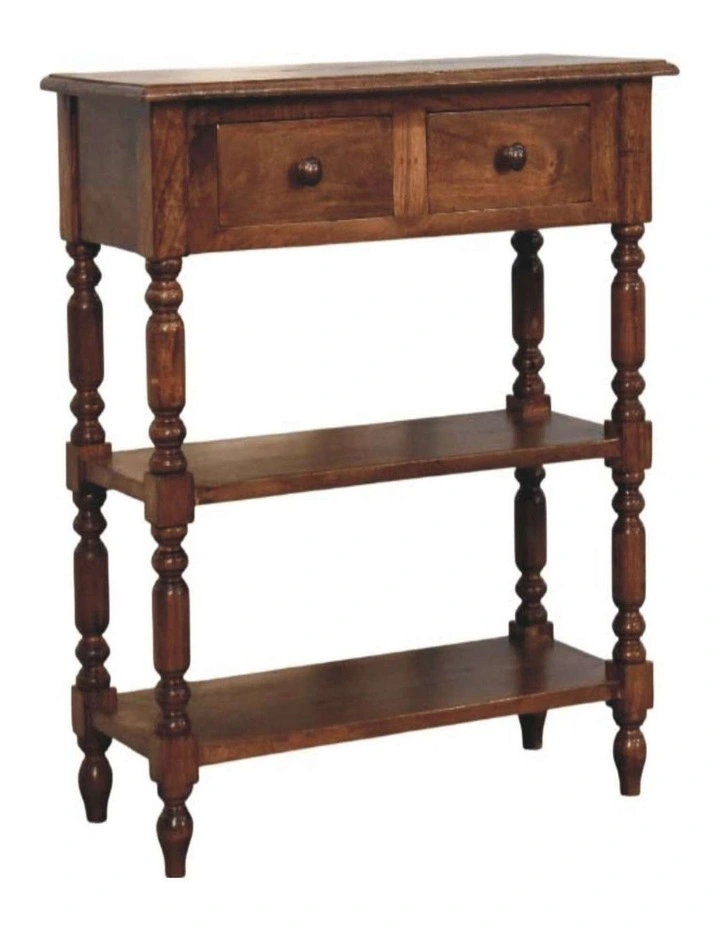 Artisan Furniture Solid Wood Turned Leg Side Table with Shelves, 2 Drawers & 2 Open Slots, Brown image 3