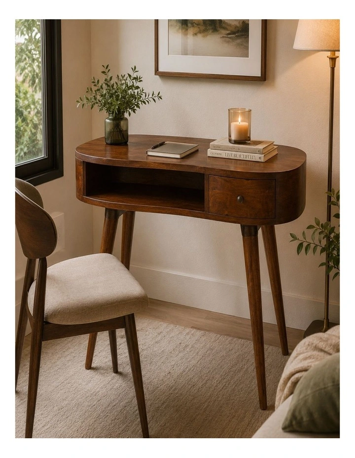 Artisan Furniture Solid Wood Chestnut Rounded Writing Desk, 1 Drawer & 1 Open-Slot, Dark Brown image 2