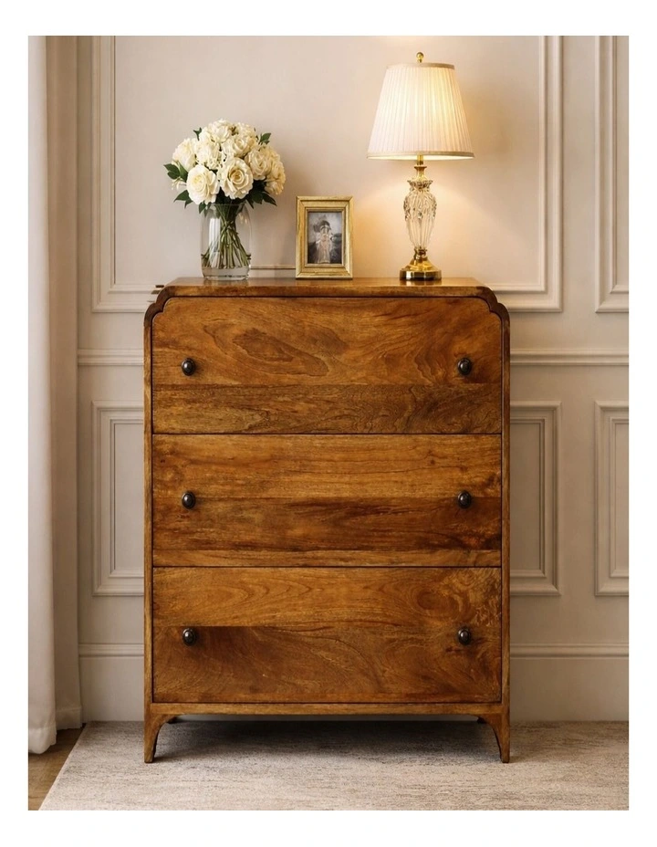 Solid Wood Scalloped Edge Chest with 3 Drawers in Brown image 3