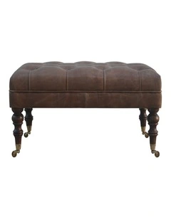 Artisan Furniture Solid Wood Buffalo Leather Ottoman, Upholstered, Brown