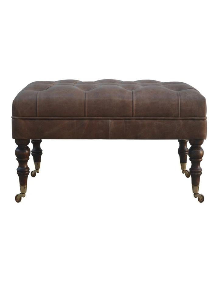 Artisan Furniture Solid Wood Buffalo Leather Ottoman, Upholstered, Brown image 1