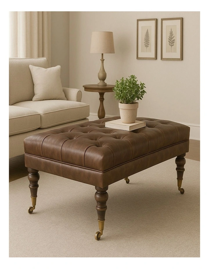 Artisan Furniture Solid Wood Buffalo Leather Ottoman, Upholstered, Brown image 2