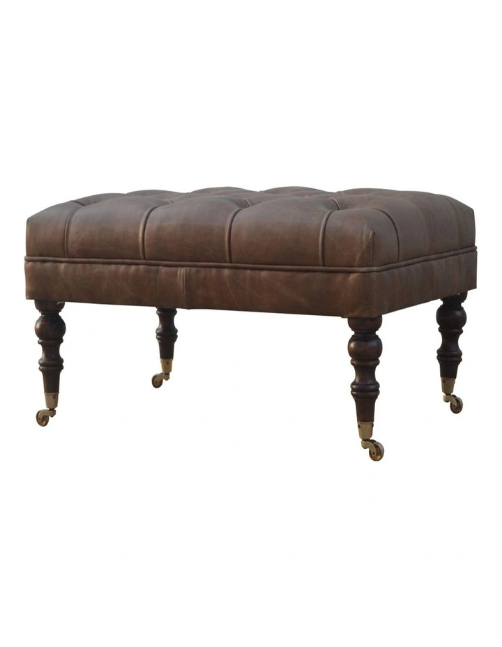 Artisan Furniture Solid Wood Buffalo Leather Ottoman, Upholstered, Brown image 3