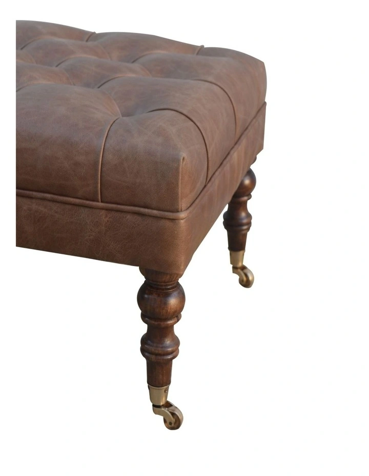 Artisan Furniture Solid Wood Buffalo Leather Ottoman, Upholstered, Brown image 4