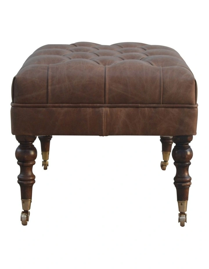 Artisan Furniture Solid Wood Buffalo Leather Ottoman, Upholstered, Brown image 6