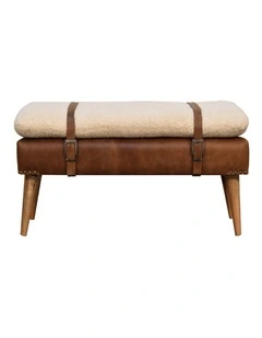 Artisan Furniture Solid Wood Boucle Buffalo Hide Leather Bench, Upholstered, Brown & Cream