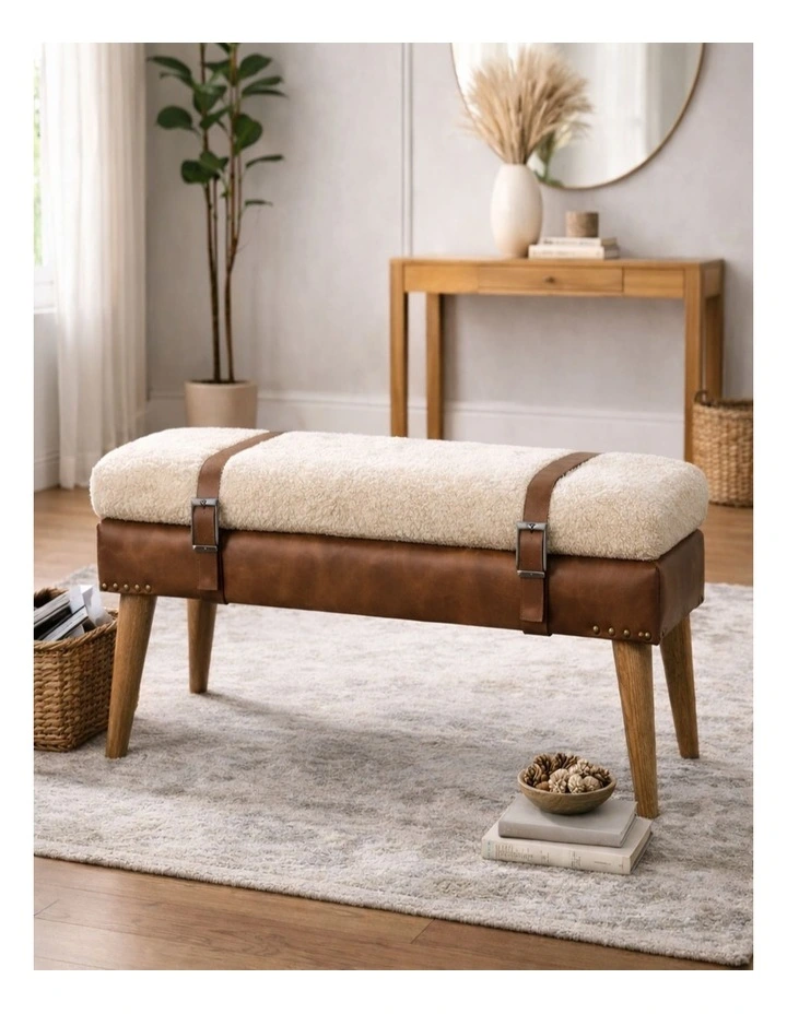 Artisan Furniture Solid Wood Boucle Buffalo Hide Leather Bench, Upholstered, Brown & Cream image 2