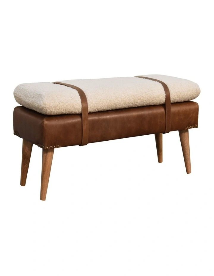 Artisan Furniture Solid Wood Boucle Buffalo Hide Leather Bench, Upholstered, Brown & Cream image 3