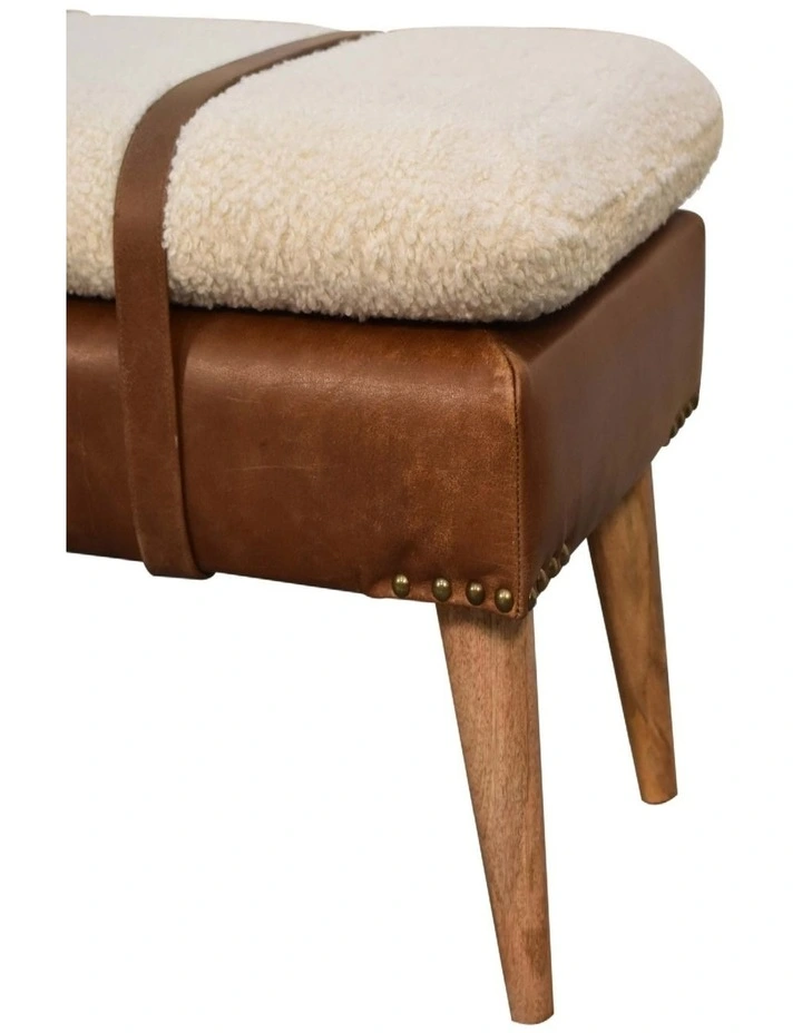 Artisan Furniture Solid Wood Boucle Buffalo Hide Leather Bench, Upholstered, Brown & Cream image 4