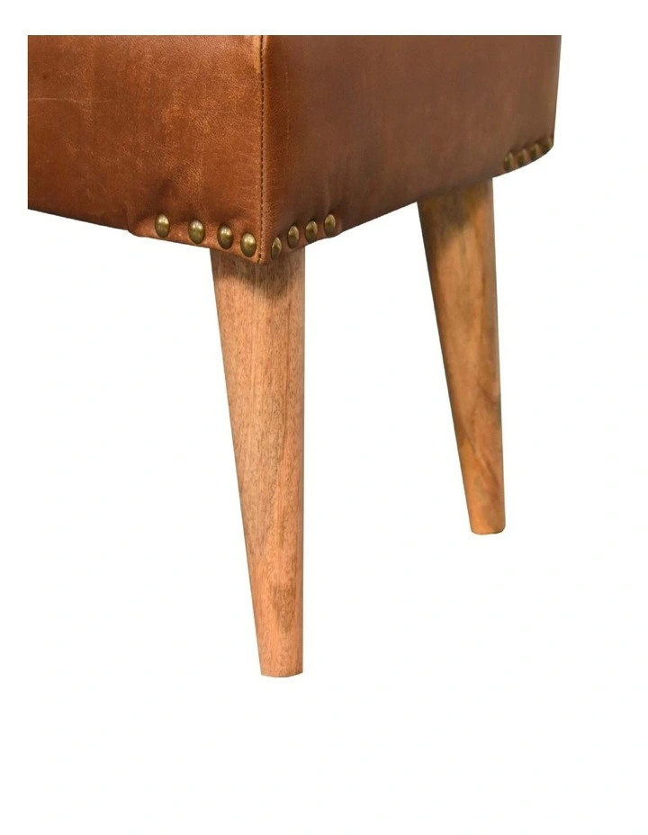 Artisan Furniture Solid Wood Boucle Buffalo Hide Leather Bench, Upholstered, Brown & Cream image 5