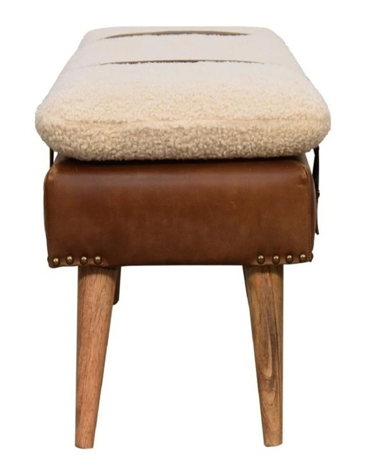 Artisan Furniture Solid Wood Boucle Buffalo Hide Leather Bench, Upholstered, Brown & Cream image 6