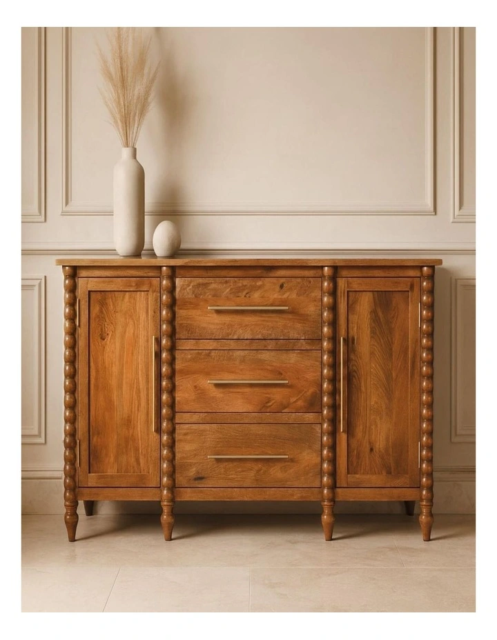 Artisan Furniture Solid Wood Spindle Sideboard, 3 Drawers & 2 Doors, Brown image 2