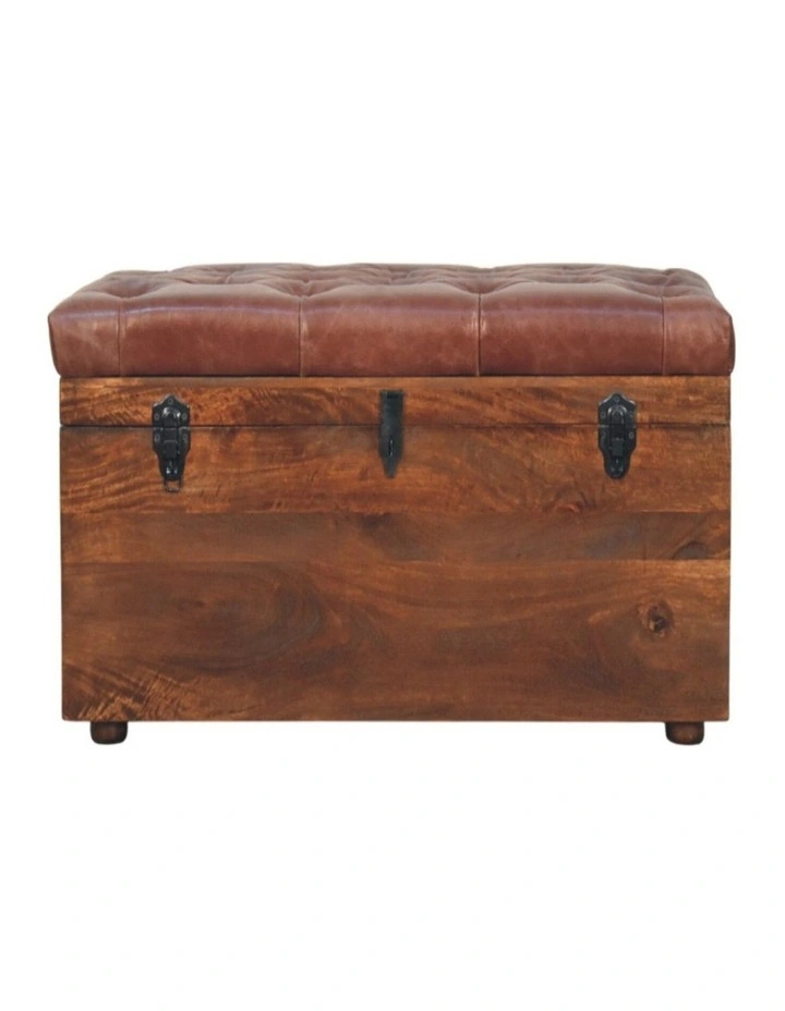Artisan Furniture Solid Wood Brown Buffalo hide leather Storage Trunk, Upholstered, Brown image 1