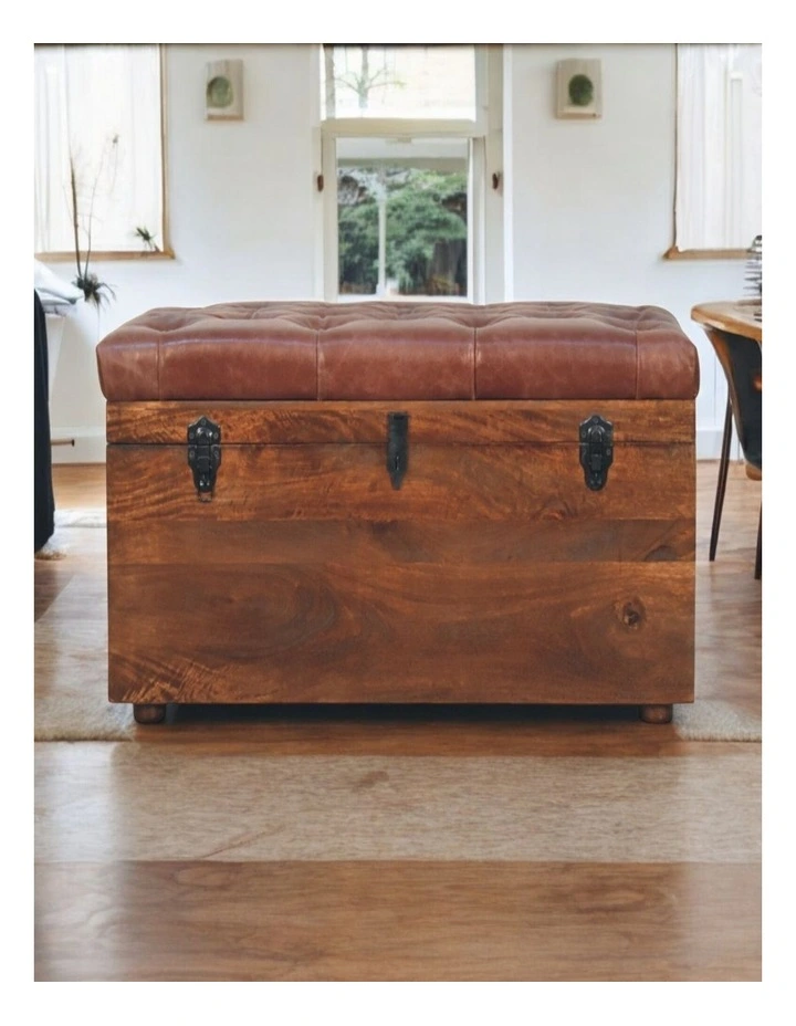 Artisan Furniture Solid Wood Brown Buffalo hide leather Storage Trunk, Upholstered, Brown image 2